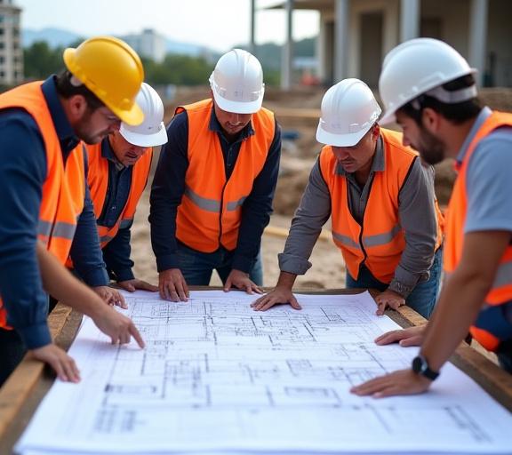 The Mizrahi Construction team reviewing architectural blueprints on a job site.