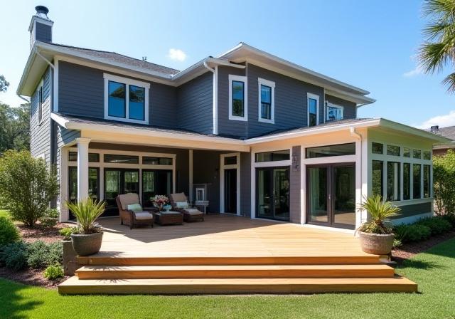 Modern exterior renovation with new siding and deck in Winter Park