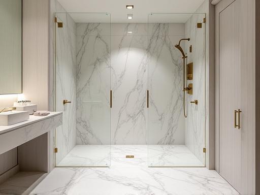 A luxurious bathroom with a walk-in shower and marble tile.