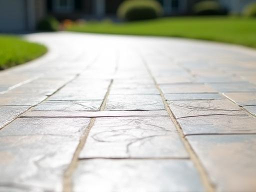 A freshly poured and finished concrete driveway with a decorative stamp.