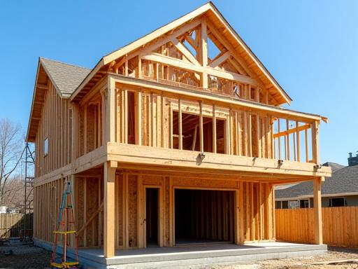 The frame of a second-story home addition under construction.