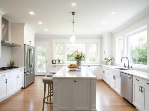 A bright, modern kitchen with white cabinets and a large island.