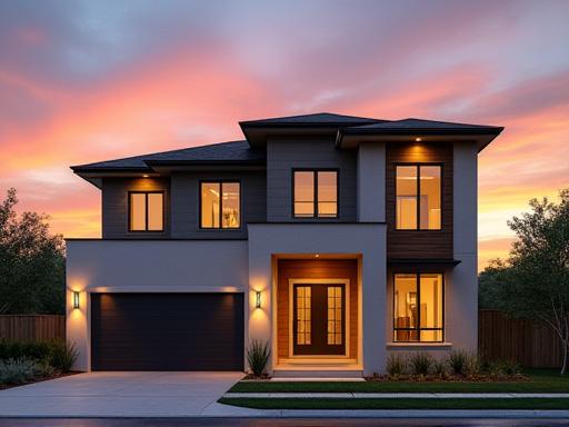 A newly constructed modern home facade at sunset.