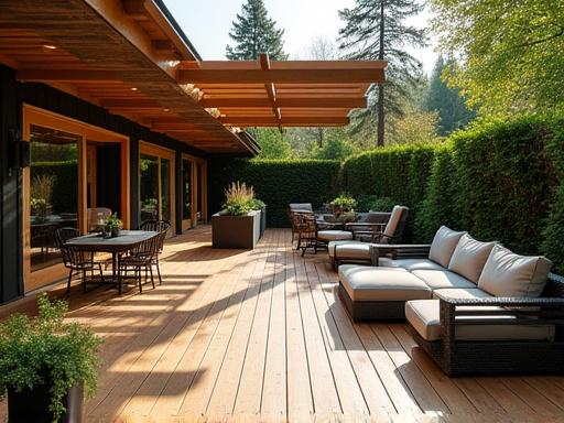 A beautiful wooden deck with outdoor furniture and a pergola.
